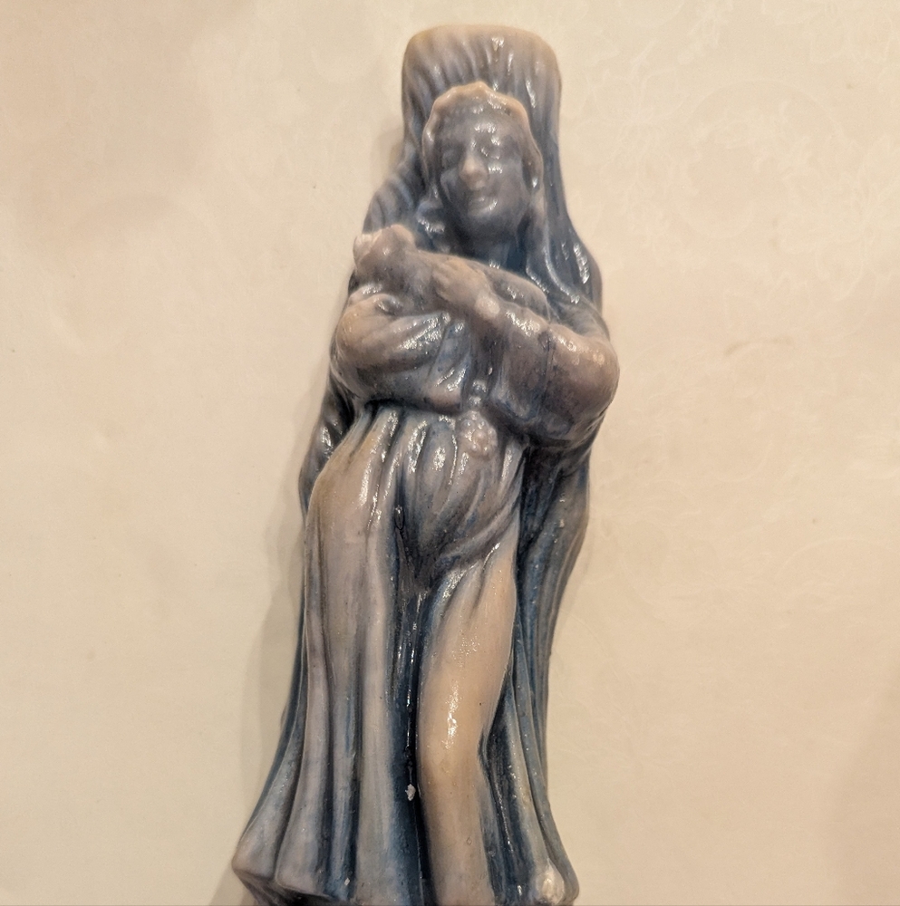10" tall Elegant Blue and Cream Mary and Lamb Candle